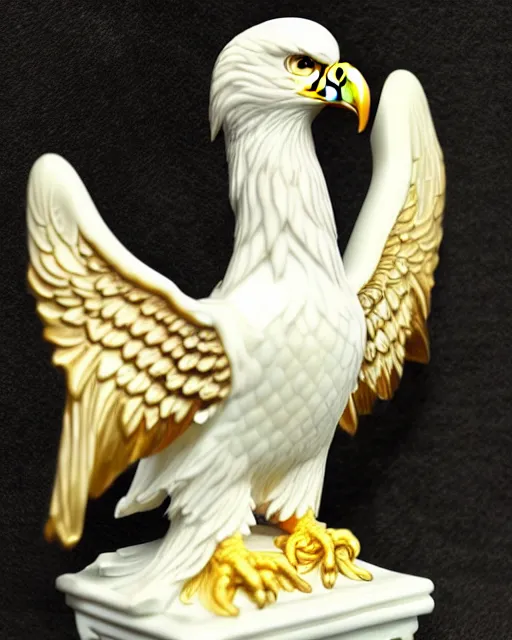 Prompt: gorgeous ornated snow white porcelain realistic detailed sacred bald eagle statue with golden filigree carved out of ivory, high resolution photo, crisp