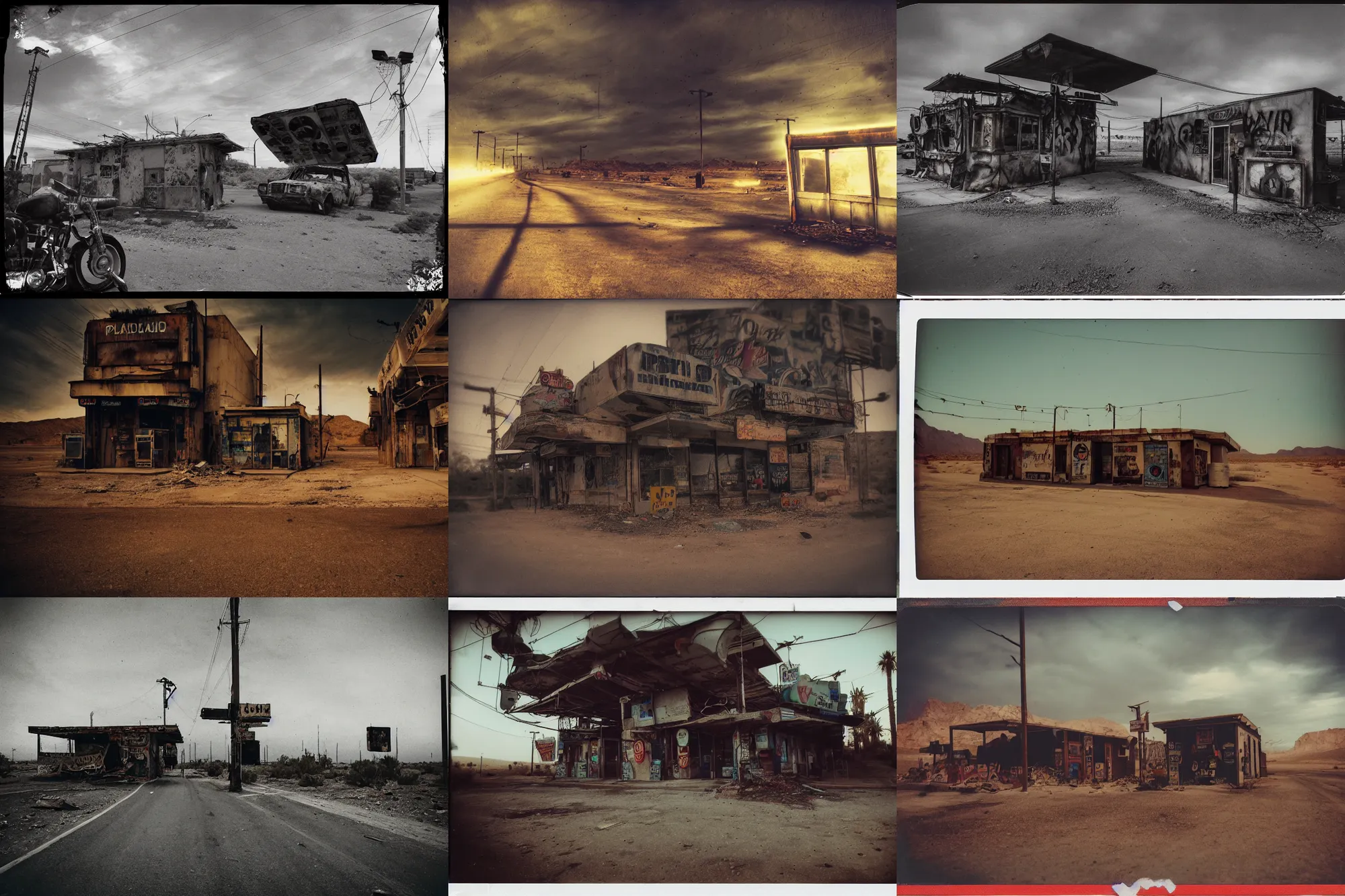 Prompt: polaroid photograph, travel photography, driving past an abandoned cyberpunk bar made of scrap metal and scrap wood in the desert of a gloomy alien world, motion blur, brilliant lighting