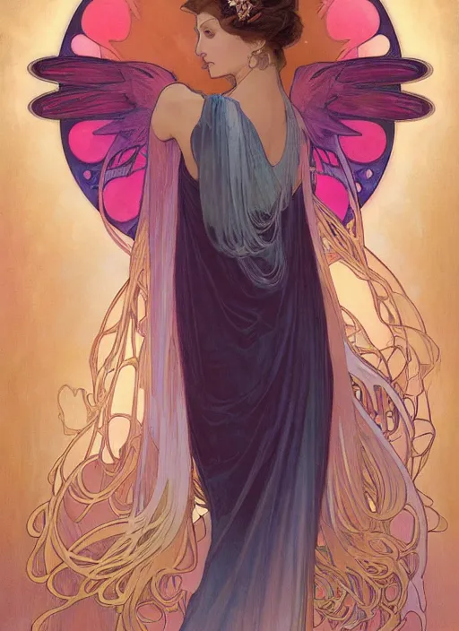 Image similar to ombre velvet gown, alphonse mucha, beautiful elegant woman with glowing wings, portrait, neon outline, long hair, tiara, dozens of jeweled necklaces, by greg rutkowski, brom, anato finnstark