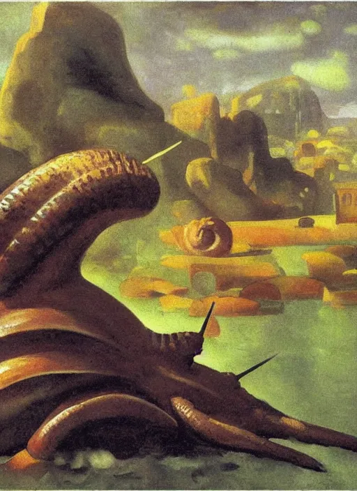 Image similar to photo of a giant snail man guardian of the holy lake, bizarre, fantasy landscape, art by andreas achenbach, august macke, alice bailly, alison geissler