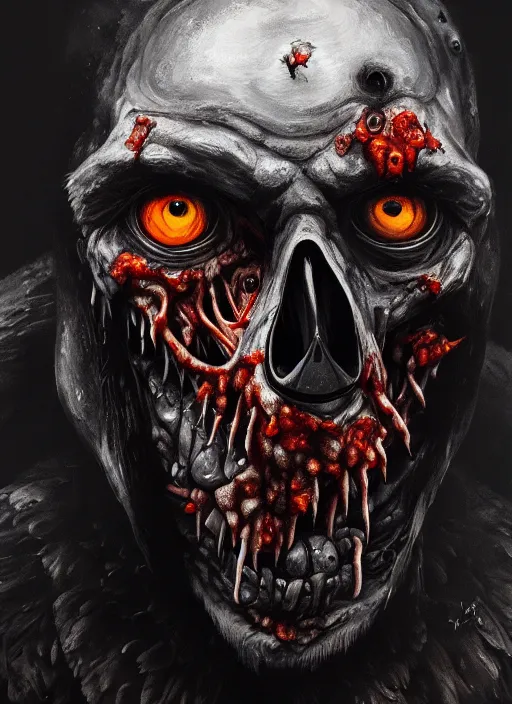 Prompt: close up portrait of a zombie crow in the mountains of hell, oil painting by tomasz jedruszek, cinematic lighting, pen and ink, intricate line, hd, 4 k, million of likes, trending on artstation