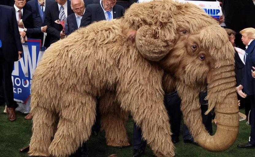 Image similar to Donald Trump in a baby mammoth costume , with an open face