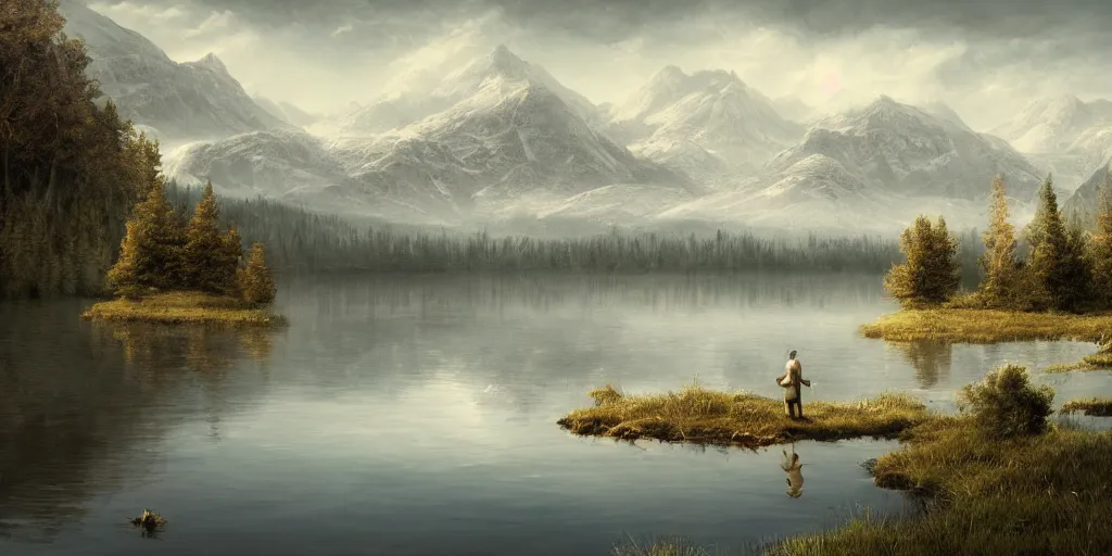 Image similar to beautiful landscape of small lake at midday with distant mountains and close - up of a bald symmetric man in medieval armor, ultra realistic, highly detailed, hd, sharp focus, cinematic lighting, realistic, vivid colors, gritty, matt painting, digital art, non blurry, sharp, artstation, concept art, smooth, illustration