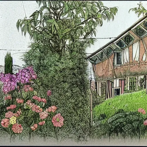 Prompt: old dutch house, lush garden next to highway, drawing by moebius