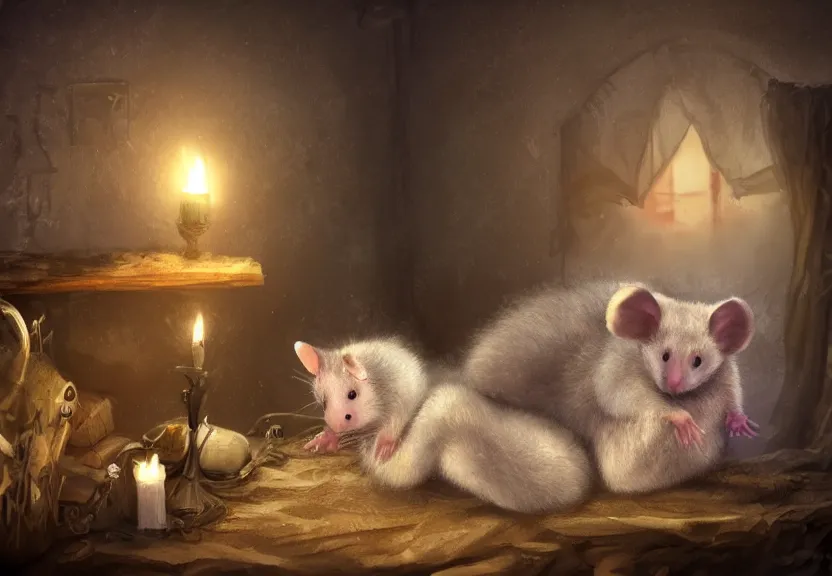 Prompt: cute possum in its pajamas sleeping in a bed in a medieval cluttered cottage at night under the dim light of a candle, dark fantasy, dreaming illusion, trending on artstation