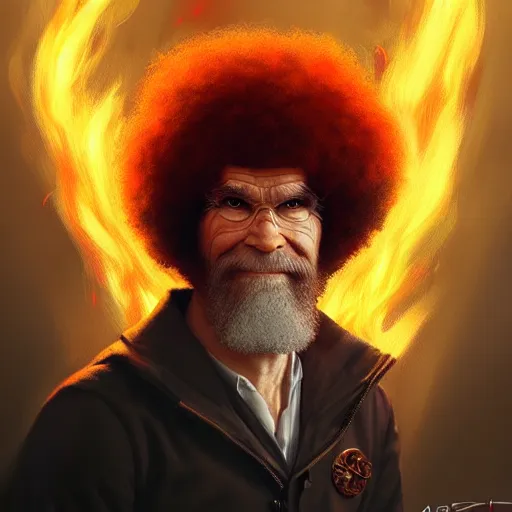 Image similar to Portrait of an evil looking Bob Ross, hairs of red flames, fantasy, D&D, intricate, highly detailed, digital painting, trending on artstation, sharp focus, illustration, style of Stanley Artgerm