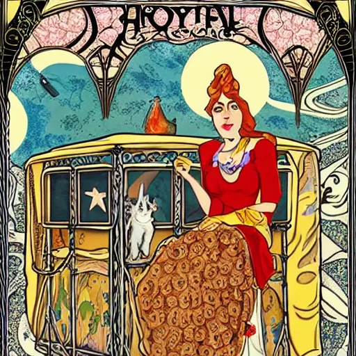 Image similar to Gypsy lady doing tarot card reading inside a gypsy caravan surrounded by cats in art nouveau style