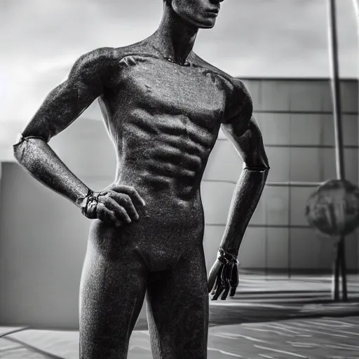 Image similar to a realistic detailed photo of a guy who is an attractive humanoid who is half robot and half humanoid, who is a male android, soccer player martin ødegaard, shiny skin, posing like a statue, blank stare, by the pool, on display, showing off his muscles