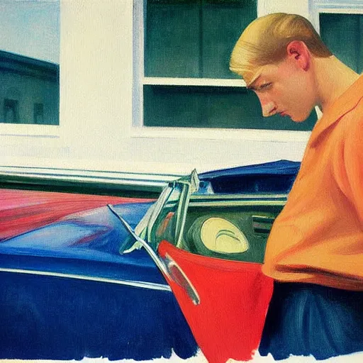 Image similar to a detailed painting, blonde man at a car store, edward hopper,