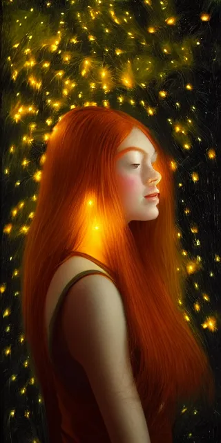 Image similar to an amazed young woman surrounded by golden firefly lights in a mesmerizing scene, sitting amidst nature fully covered, long loose red hair, precise linework, accurate green eyes, small nose with freckles, smooth oval shape face, empathic, bright smile, expressive emotions, hyper realistic ultrafine portrait by artemisia gentileschi, jessica rossier, artgerm