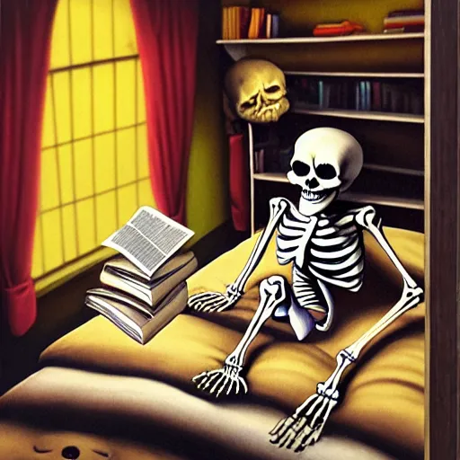 Image similar to a skeleton that is wearing pajamas in bed, and he is reading a big book, matte oil painting, by tim jacobus, goosebumps cover art, inside of a bedroom, 9 0 s, extremely detailed, sharp focus, 4 k