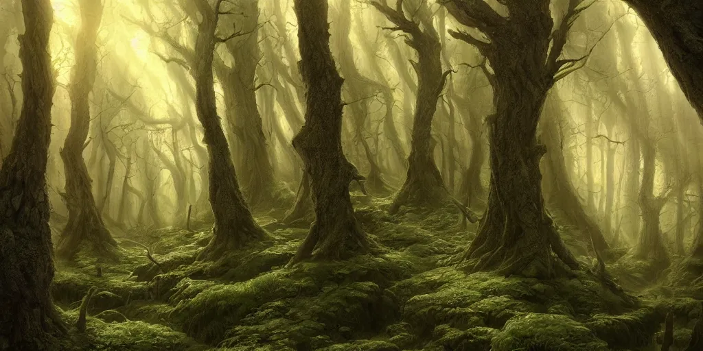 Image similar to artwork of the narrow woods, by john howe & tim white & les edwards, exquisite lighting, clear focus, highly detailed, cinematic view, trending on artstation, exquisite