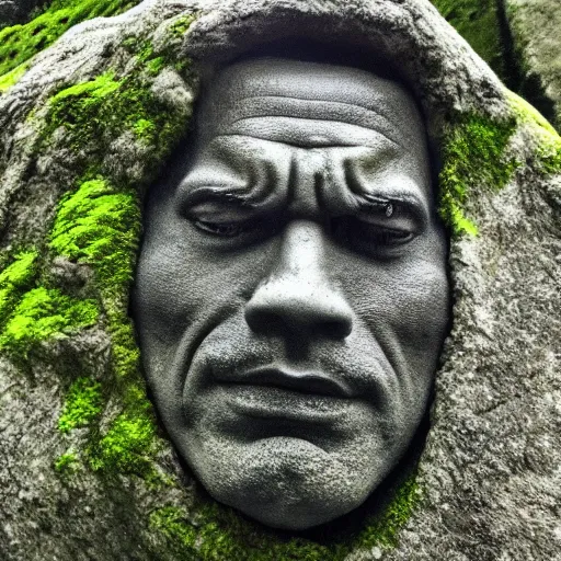 Image similar to a grey mossy rock with the face of dwayne johnson, shot on iphone 1