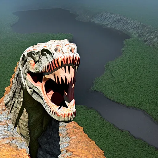 Prompt: humanoid Tyrannosaurus is cliff diving into a large volcano crater with a huge smile on his face