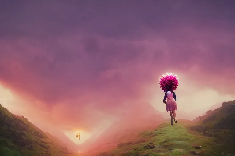 Image similar to giant dahlia flower crown under head, girl walking on dramatic mountain, surreal photography, pink storm clouds, sunset, impressionist painting, digital painting, artstation, simon stalenhag