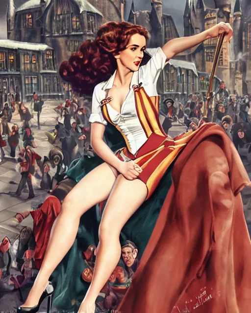 Image similar to pinup photo of hermione granger by emma watson in the crowded square of hogwarts, gil elvgren, enoch bolles, kezie demessance, glossy skin, pearlescent, very coherent, very detailed
