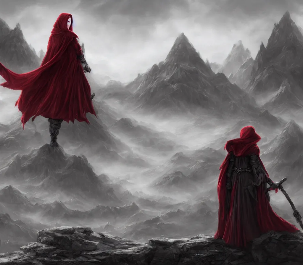 Prompt: a highly detailed matte painting of a mysterious red - haired woman in a hooded fur cloak and carrying a staff, mountains and greco - roman city in the background, ominous, foreboding, moody, hd, concept art, artstation, deviantart,