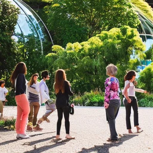 Prompt: Close up of people waking in botanical open space, in front of parametric building, 35mm bokeh, detailed, 4k