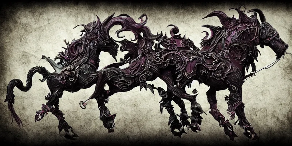 Image similar to a dark fantasy side view of an undead carousel horse, tim burton, world of warcraft, league of legends