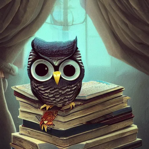 Image similar to long shot of a very cute plush and sleepy owl sitting on a pile of antique books, by naoto hatori, by yoshita amano, by esao andrews, fancy illustration hyperrealistic, big depth of field, fresh colors, moody evening light, 3 d octane render conceptart, 4 k, highly detailed, trending on artstation