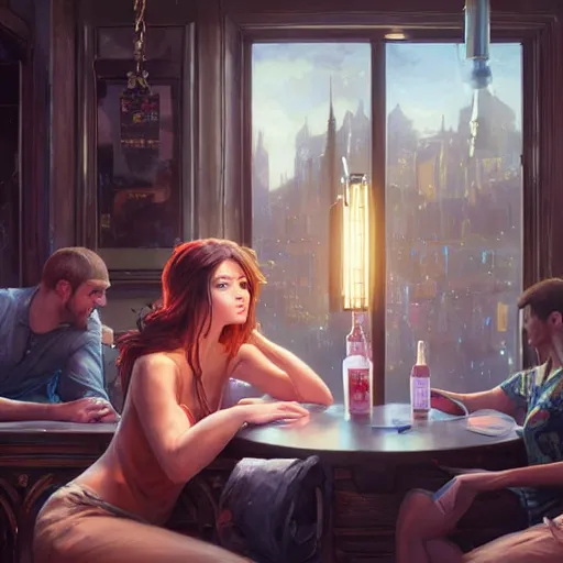 Prompt: highly detailed painting of a beautiful female drunk in a bar, stephen bliss, 8 k, unreal engine, by greg rutkowski, loish, rhads, artgerm, ferdinand knab, makoto shinkai and lois van baarle, ilya kuvshinov, rossdraws, tom bagshaw, global illumination, radiant light, detailed and intricate environment