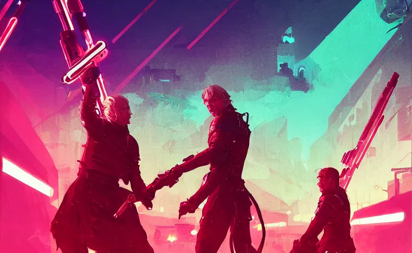 Prompt: jaime lannister and brienne of tarth fight a thousand neon zombies with lightsabers, cyberpunk art by james gilleard, cgsociety, retrofuturism, synthwave, retrowave, outrun