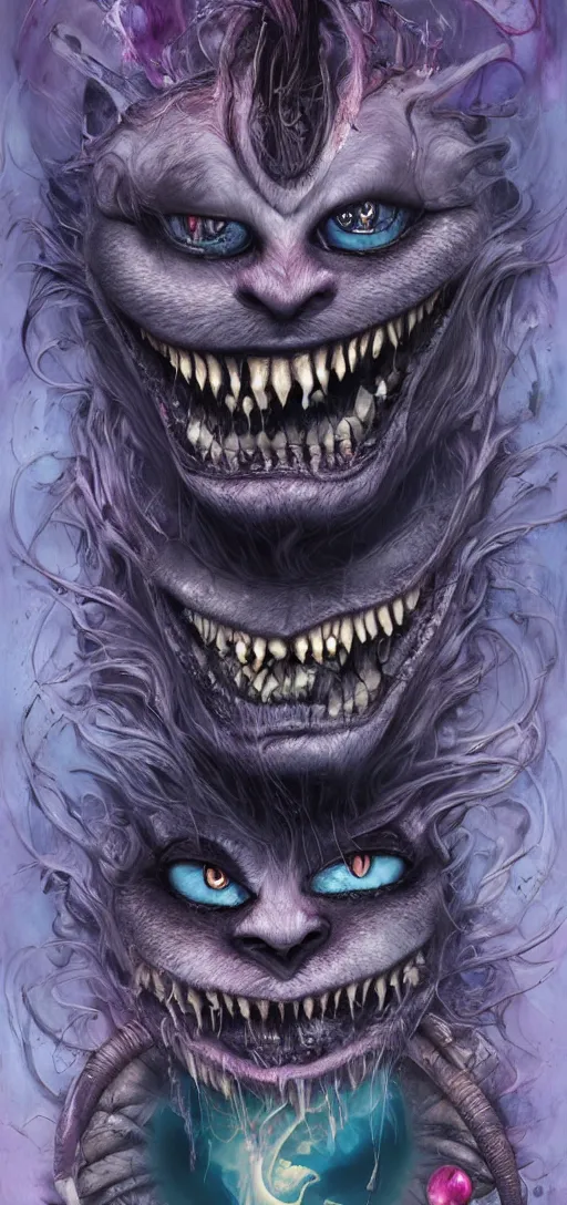 Prompt: dream portrait of evil Cheshire Cat from Alice in Wonderland,full character, melting ,8k,by tristan eaton,Stanley Artgermm,Tom Bagshaw,Greg Rutkowski,Carne Griffiths, Ayami Kojima, Beksinski, Giger,trending on DeviantArt,face enhance,hyper detailed,minimalist,horror, android, full of colour