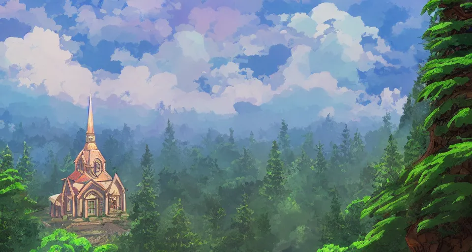 Image similar to view of a catholic church on a forested mountain, in the style of studio ghibli, distant, detailed, artstation, award winning painting