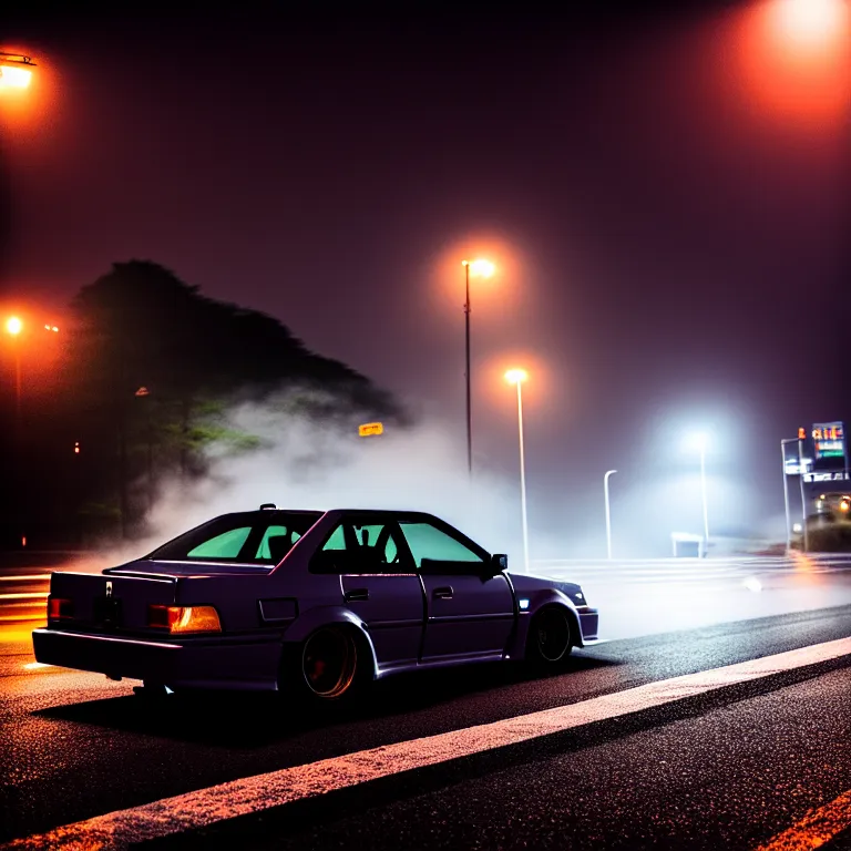 Image similar to close-up-photo JZX90 twin turbo drift middle of empty street, misty kanagawa prefecture, night, cinematic color, photorealistic, highly detailed,