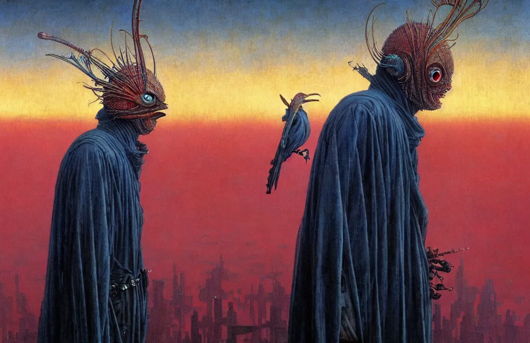 Image similar to realistic detailed portrait movie shot of a birdman wearing dark ragged robes, futuristic city sunset landscape background by denis villeneuve, amano, yves tanguy, alphonse mucha, ernst haeckel, max ernst, wayne barlowe, masterpiece, rich moody colours, bird head, blue eyes, hyperdetailed