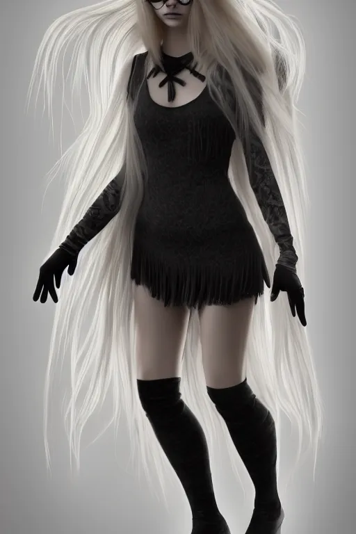 Prompt: award winning full body art of a beautiful detailed young woman with long blonde hair and a fringe, wearing thin-rimmed large round glasses, wearing modern gothic clothes, trending artstation, digital art, award winning art, aesthetic, 4K, realistic, octane render, Photograph