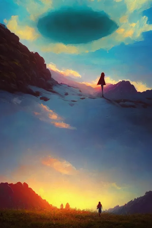 Image similar to giant daisy flower head, girl hiking in the mountains, surreal photography, sunrise, dramatic light, impressionist painting, colorful clouds, digital painting, artstation, simon stalenhag