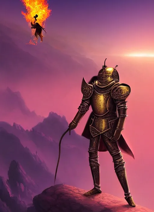 Image similar to a knight in armor decorated with roses and gold holds a flaming sword on a cliff as he watches a violet sunrise on an alien planet. by Ciryl Rolando, hyperrealistic illustration, digital art, studio lightning, very detailed faces