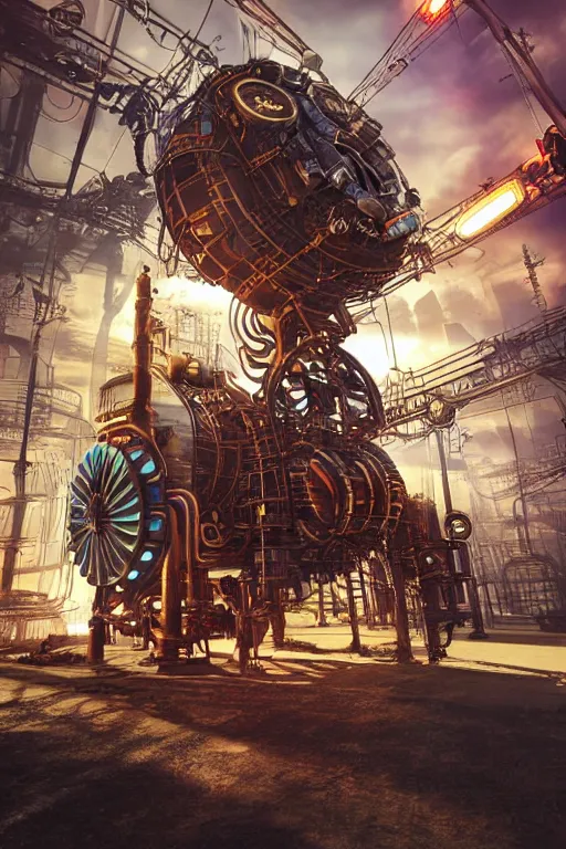 Image similar to a movie poster, movie is called tripmachine, photo of a huge futuristic steampunk generator inside a steampunk machinery, 8 k, fluorescent colors, halluzinogenic, multicolored, exaggerated detailed, 3 d render, octane