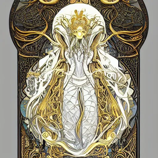 Prompt: angelarium, cthulhu, illithid, art nouveau, white marble and gold, alphonso mucha