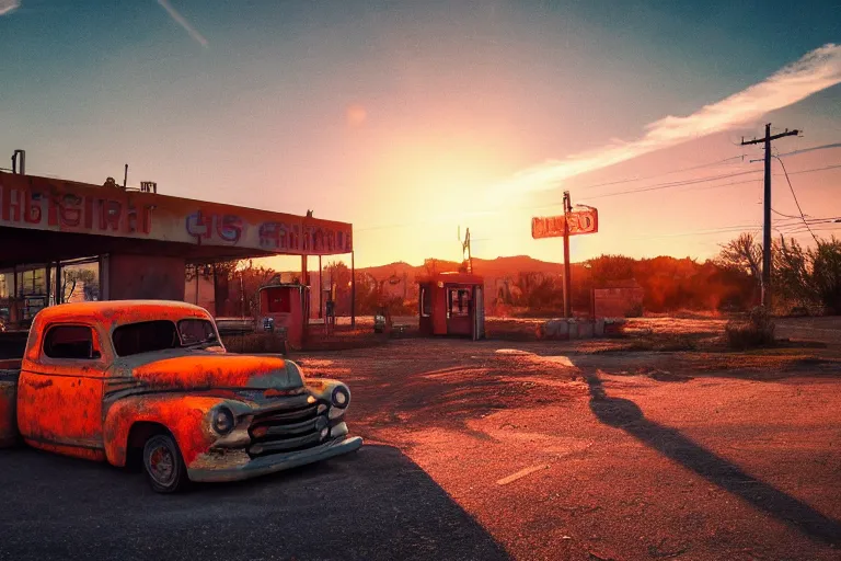 Image similar to a sunset light landscape with historical route 6 6, lots of sparkling details and sun ray ’ s, blinding backlight, smoke, volumetric lighting, colorful, octane, 3 5 mm, abandoned gas station, old rusty pickup - truck, beautiful epic colored reflections, very colorful heavenly, softlight