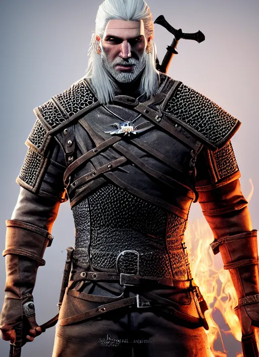 Image similar to geralt of rivia in dark souls, au naturel, hyper detailed, digital art, trending in artstation, cinematic lighting, studio quality, smooth render, unreal engine 5 rendered, octane rendered