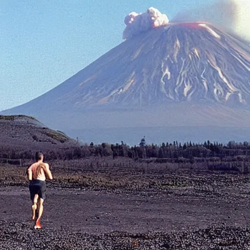 Prompt: a man in the foreground running with a terrified look on his face glancing behind him with mt st helens erupting behind him and ash is headed towards him