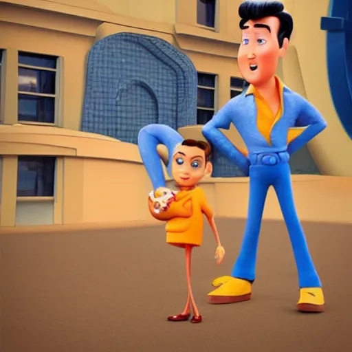 Image similar to elvis presley with pretzel!!!! legs, pixar character, stage background, pixar, 3 d,