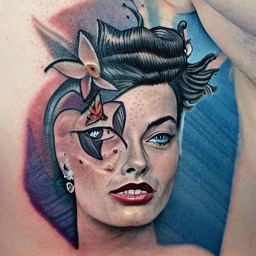 Image similar to surrealist tattoo design of margot robbie and nature mash up, in the style of arlo dicristina, amazing detail, face morph