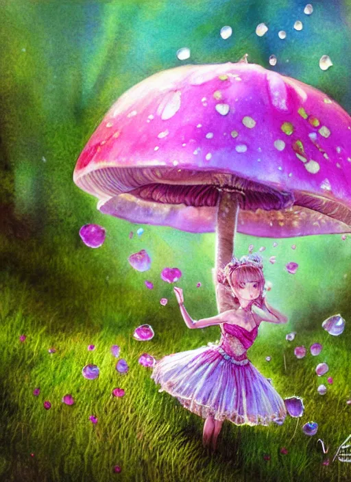 Image similar to A pixy princess with a tattered pink tutu, mushroom umbrella, moss, dewdrops, watercolor, dramatic lighting, cinematic, establishing shot, extremely high detail, foto realistic, cinematic lighting, pen and ink, intricate line drawings, by Yoshitaka Amano, Ruan Jia, Kentaro Miura, Artgerm, post processed, concept art, artstation, matte painting, style by eddie mendoza, raphael lacoste, alex ross,