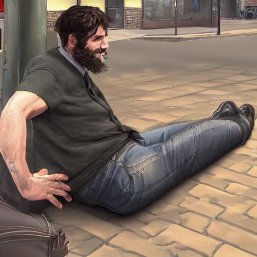 Image similar to A stunning digital masterpiece of a drunk man, he is blacked out under a bus stop, artstation