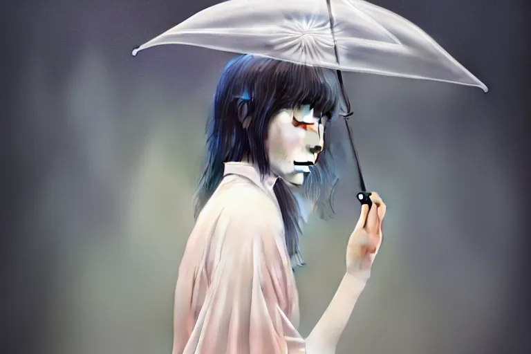 Image similar to surreal Portrait of japanese girl with transparent umbrella in dmt chromatic misty enviroment, elegant, highly detailed, smooth, photoreal, sharp focus, illustration, beautiful, geometric, dmt trending on artstation, cinematic, artwork by WLOP