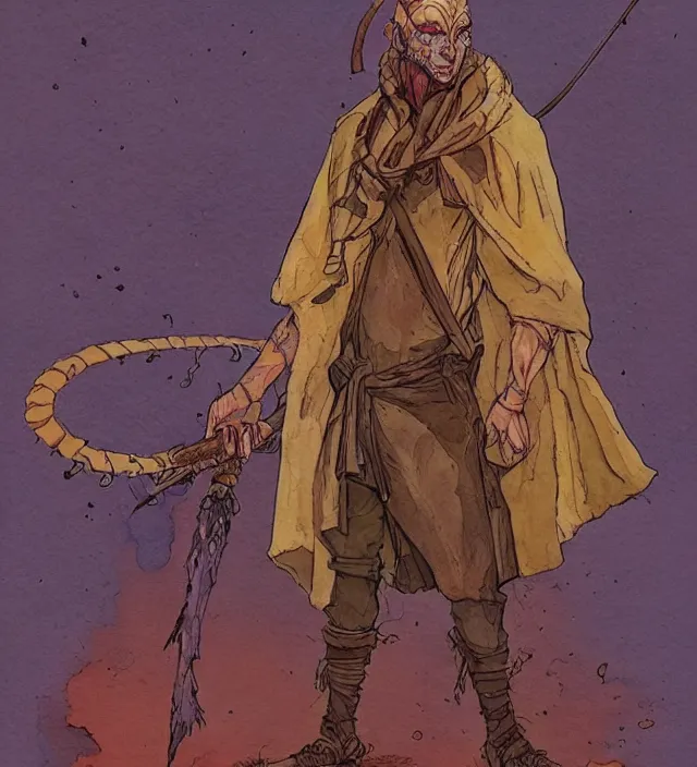 Image similar to a watercolor ink painting of a post - apocalyptic tiefling sorcerer in the style of jean giraud in the style of moebius trending on artstation deviantart pinterest detailed realistic hd 8 k high resolution