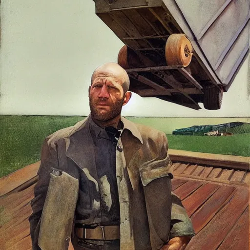 Prompt: Portrait of Jason Statham Pet Detective Standing atop a Garbage Truck Newell Convers Wyeth Andrew Wyeth Jamie Wyeth-n 9