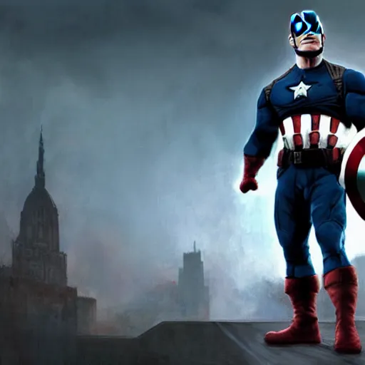 Image similar to john cena as captain america, artstation hall of fame gallery, editors choice, #1 digital painting of all time, most beautiful image ever created, emotionally evocative, greatest art ever made, lifetime achievement magnum opus masterpiece, the most amazing breathtaking image with the deepest message ever painted, a thing of beauty beyond imagination or words, 4k, highly detailed, cinematic lighting