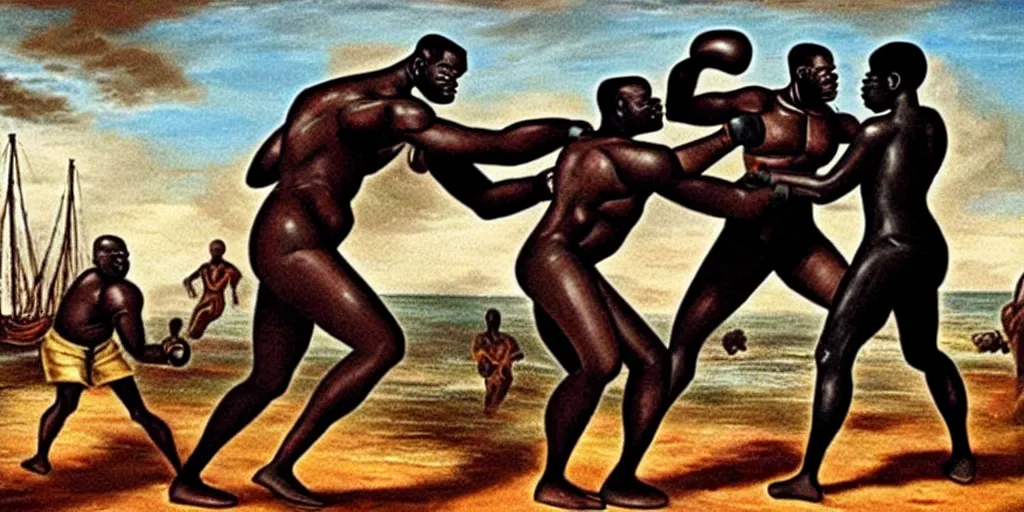 Image similar to giant african man punching a slave ship