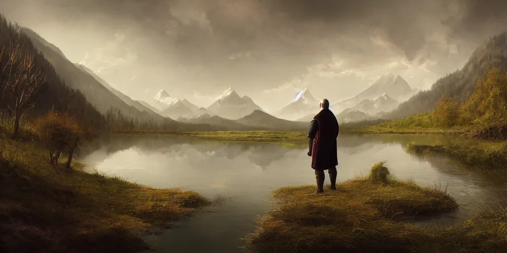 Image similar to beautiful landscape of small lake at midday with distant mountains and close - up of a bald symmetric man in medieval armor, ultra realistic, highly detailed, hd, sharp focus, cinematic lighting, realistic, vivid colors, gritty, matt painting, digital art, non blurry, sharp, artstation, concept art, smooth, illustration