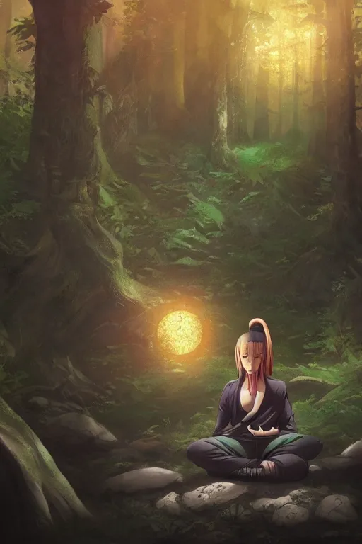 Image similar to photorealistic dark fantasy concept art of Naruto meditating in a forest, dynamic lighting, stunning visuals, realism, cinematic, hyper detailed, ultra detailed, beautiful visuals and sunset