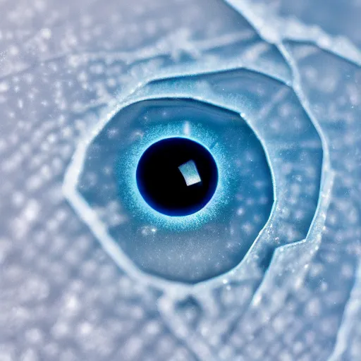 Prompt: a transparent sheet of intact frosted ice, with a refracted eye behind it, XF IQ4, f/1.4, ISO 200, 1/160s, 8K, RAW, unedited, symmetrical balance, in-frame